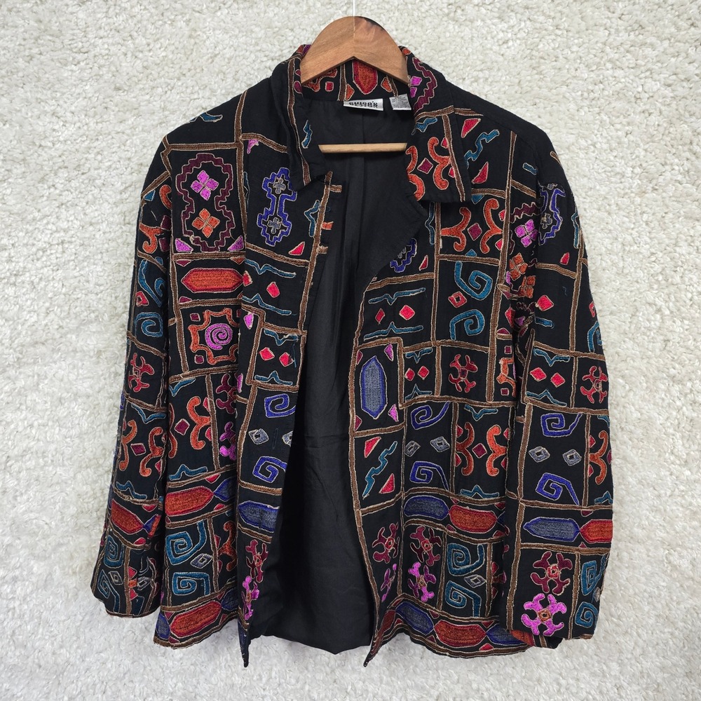 Vintage Chicos Design‎ Jacket Womens 2 Large Black Embroidered Art To Wear Boho
